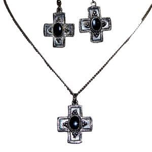 BoHo Black Stone Cross Necklace & Earring Set
